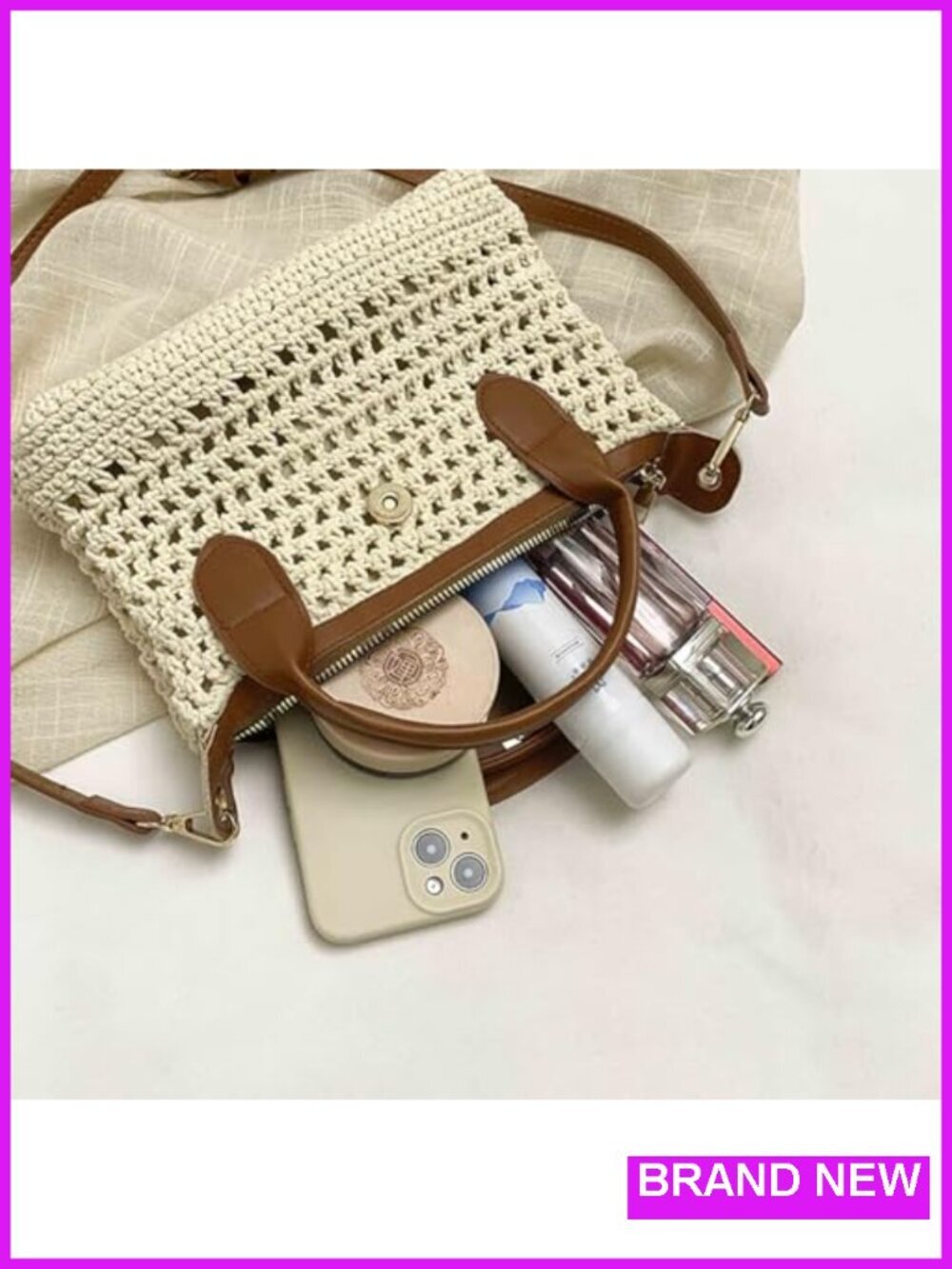 Crochet Tote Bag Small Boho Handbag Leather Trim Crossbody Purse Woven Shoulder - Picture 4 of 6